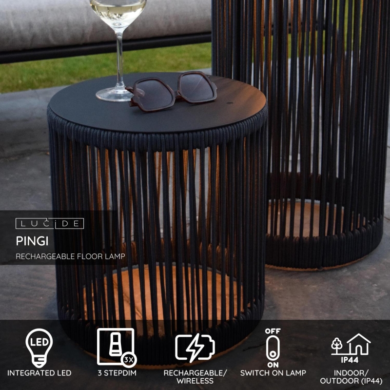 Lucide PINGI - Dobíjacia stojanová lampa Vnútorná/Vonkajšia - Batéria/batérie - Ø 30,5 cm - Rozm. - 1x3W 3000K/3200K - IP44 - Čierna